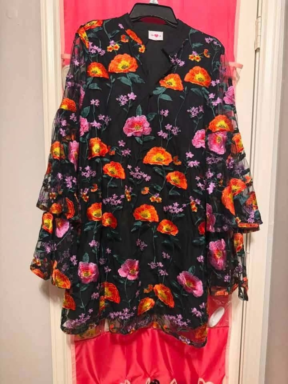 Buddy Love Black Mini Dress with Orange and Pink Floral Embroidery